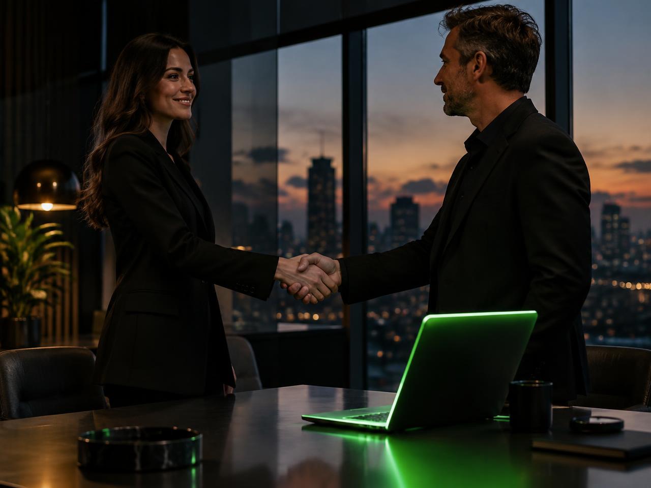 Two professionals shaking hands over a glowing laptop