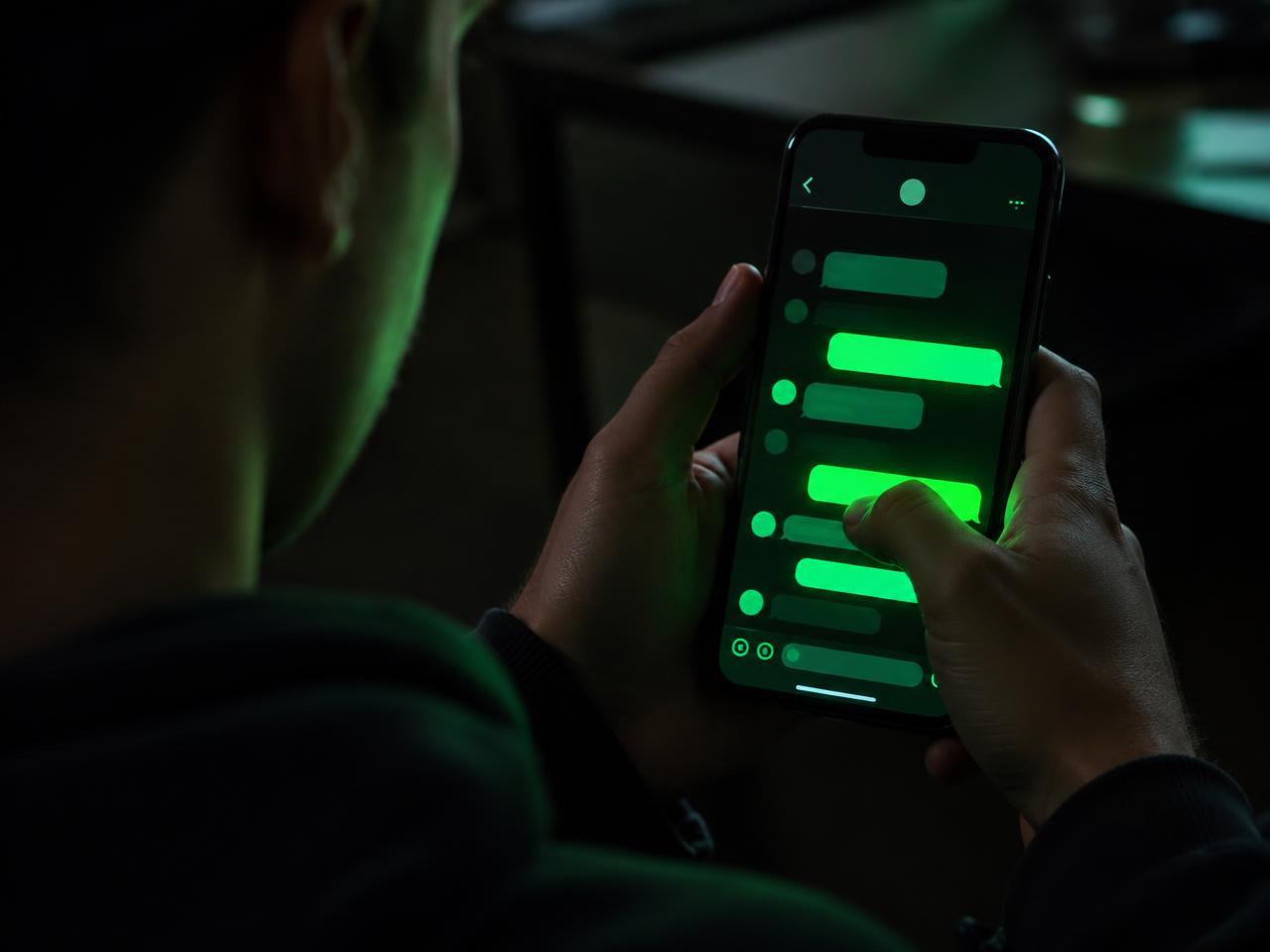 A phone conversation glowing green in a dark room