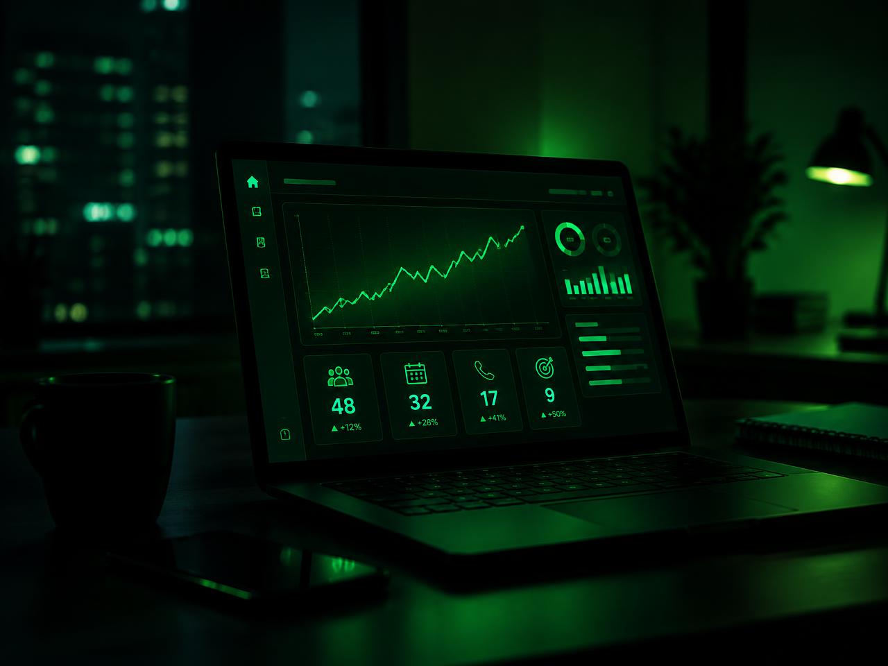 A results dashboard glowing green on a laptop in a dark office